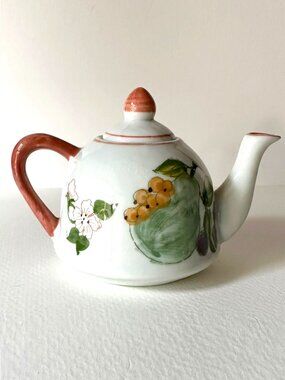 Vintage Andrea by Sedak Miniature TEAPOT Collectible White w/Hand Painted Fruit
